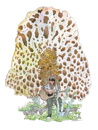 Illustration by Parakid of person playing guitar under spotted mushroom