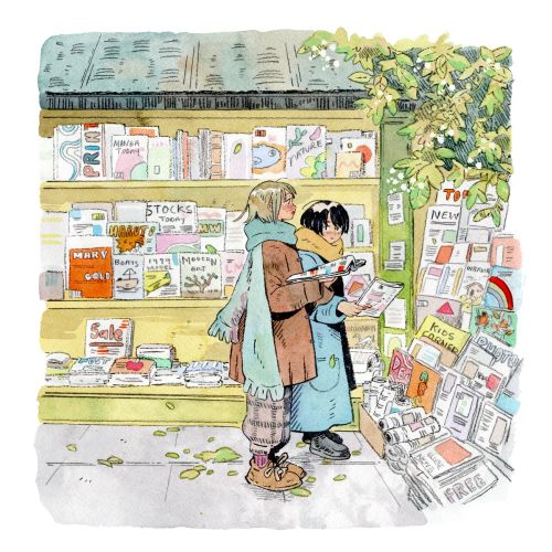 Two people browsing books at a street bookstand by Parakid