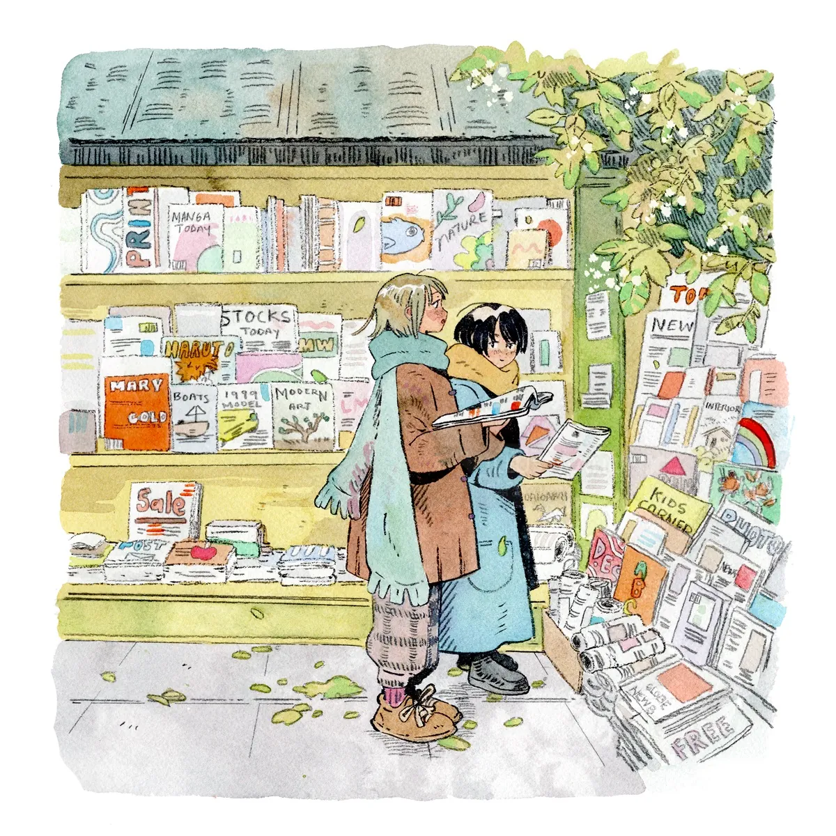 Two people browsing books at a street bookstand by Parakid