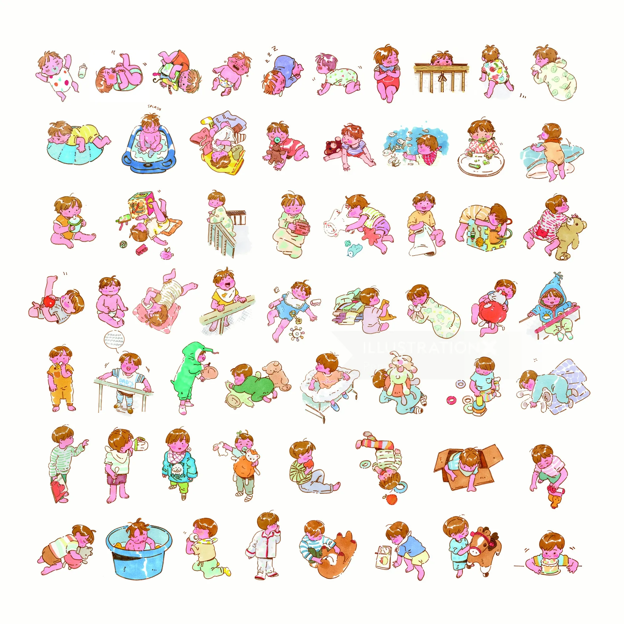 Colorful illustrations of babies and toddlers doing daily activities by Parakid