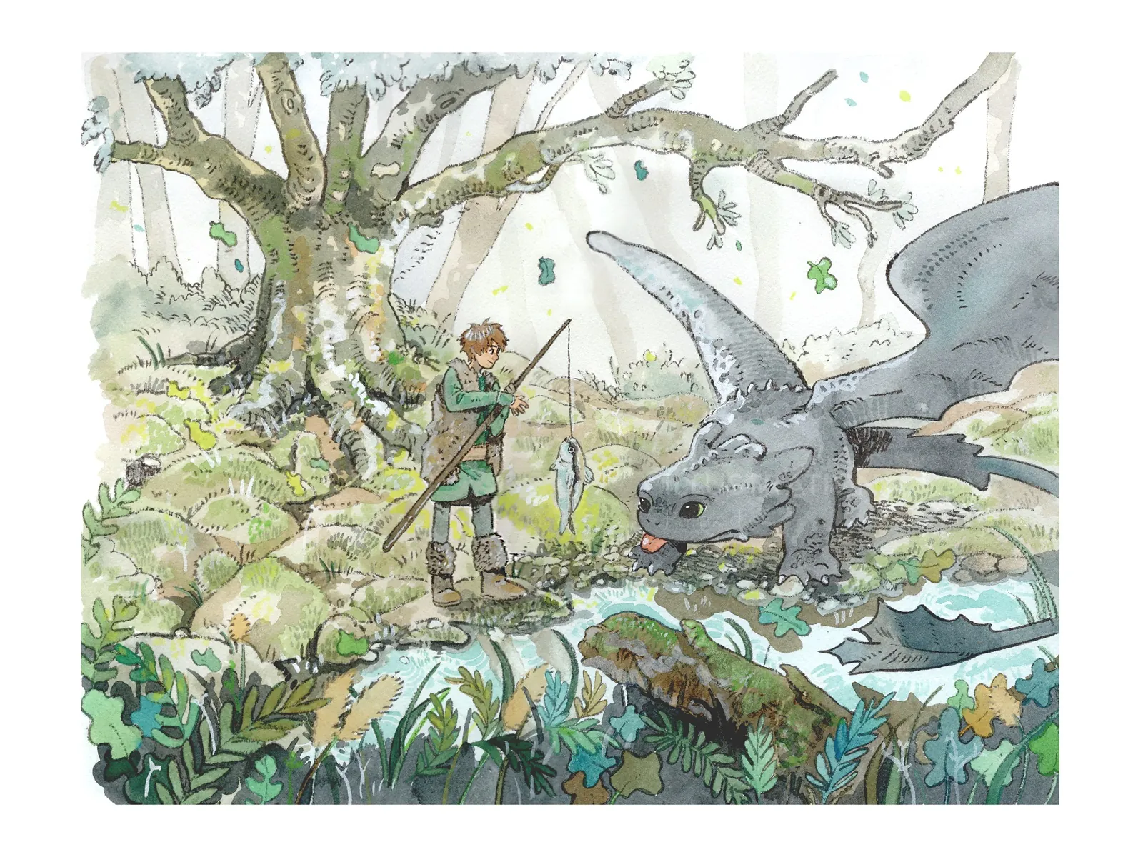 Young boy holding spear beside dragon near stream in forest by Parakid