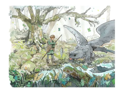 Young boy holding spear beside dragon near stream in forest by Parakid