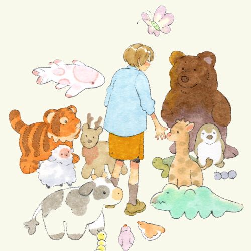 Child playing with stuffed animals including bear, tiger, lamb, and penguin by Parakid
