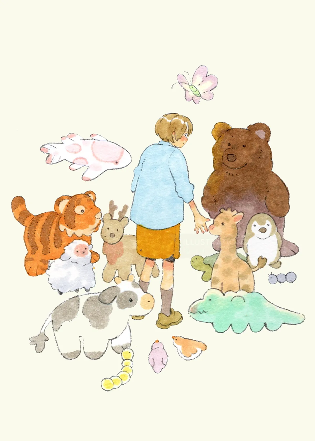 Child playing with stuffed animals including bear, tiger, lamb, and penguin by Parakid