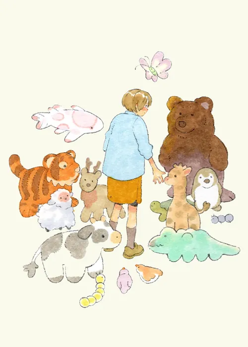 Child playing with stuffed animals including bear, tiger, lamb, and penguin by Parakid