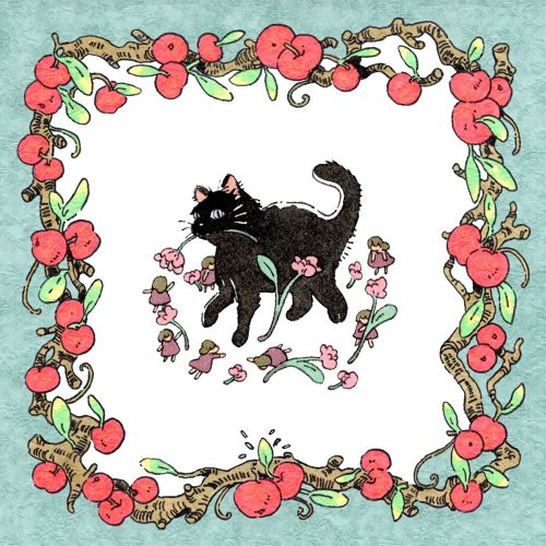 Black cat among flowers with apple vine border by Parakid