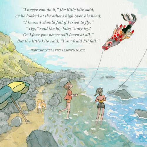 Two girls flying kites on rocky coastline by ocean, artwork by Parakid