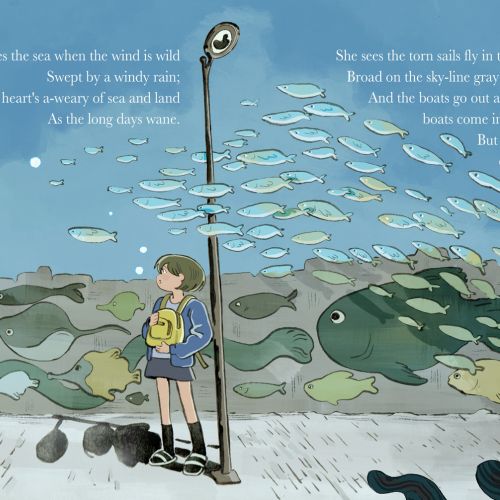 Illustration of a boy watching fish near the sea wall by Parakid