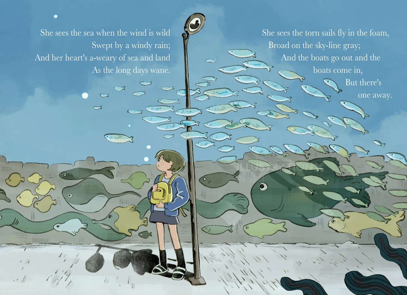 Illustration of a boy watching fish near the sea wall by Parakid