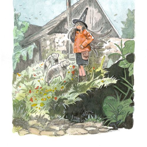 Parakid illustration of a child herding sheep beside a farmhouse