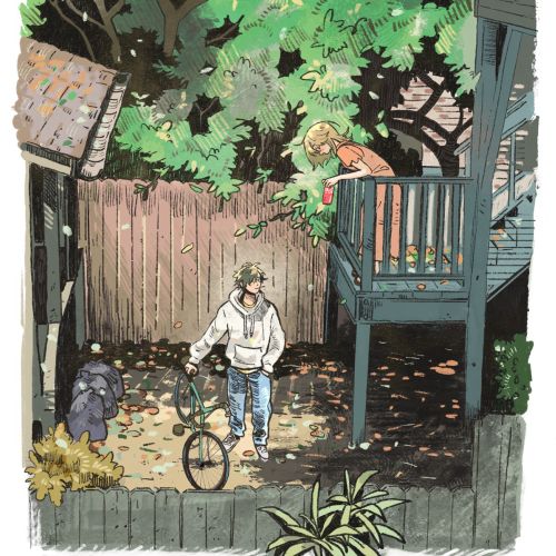 Parakid illustration of a child with a bicycle in a leafy backyard