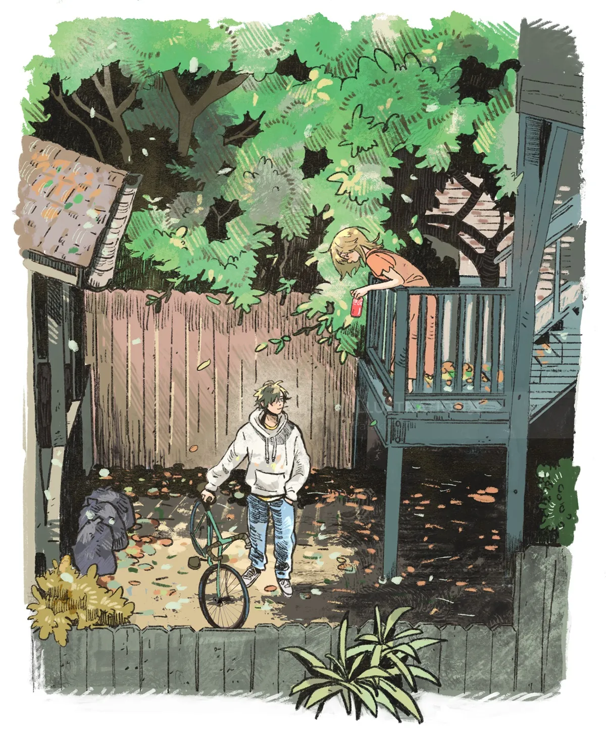 Ilustração da Parakid de uma criança com uma bicicleta em um quintal arborizado.