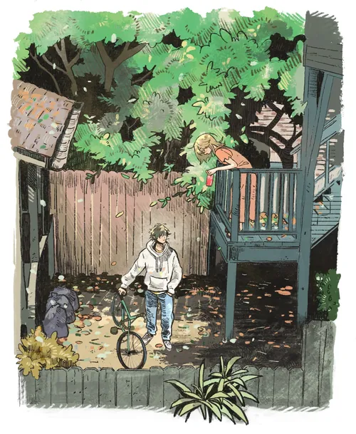 Ilustración de Parakid de un niño con una bicicleta en un patio trasero frondoso.