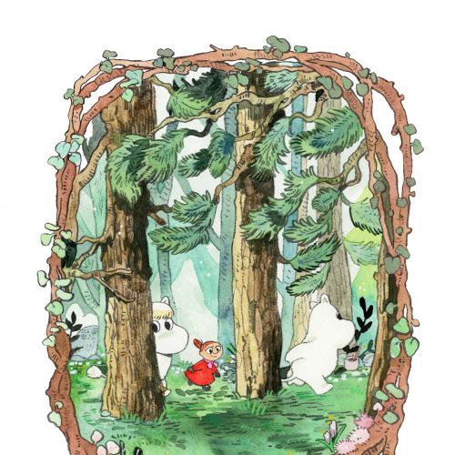 Whimsical forest clearing with a small red-clad figure, illustrated by Parakid