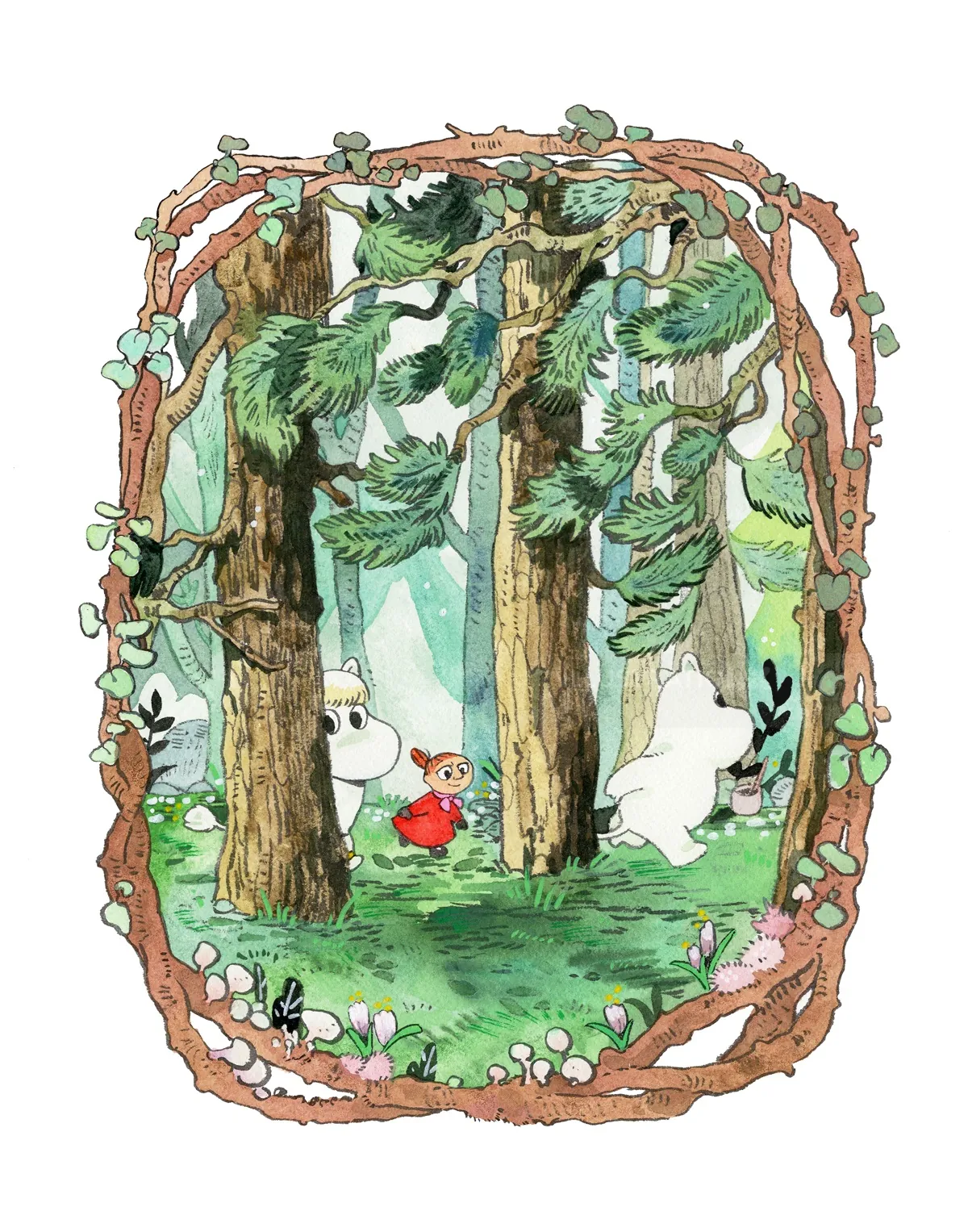 Clareira na floresta com um toque de fantasia e uma pequena figura vestida de vermelho, ilustrada por Parakid.