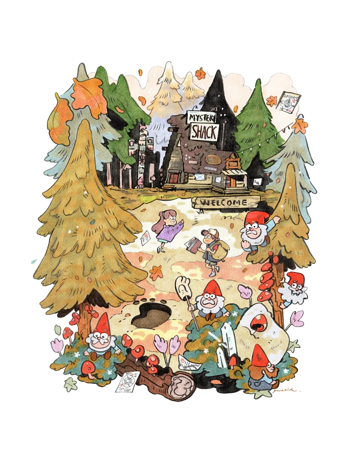 Ilustração da Parakid de uma aldeia natalina festiva na floresta com animais e decorações.