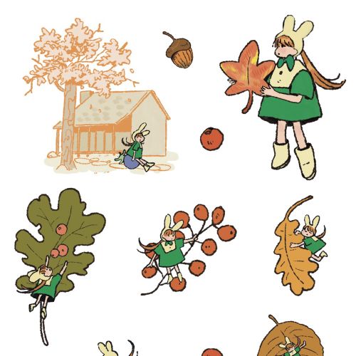 Autumn woodland fairies and leaves, illustrated by Parakid.