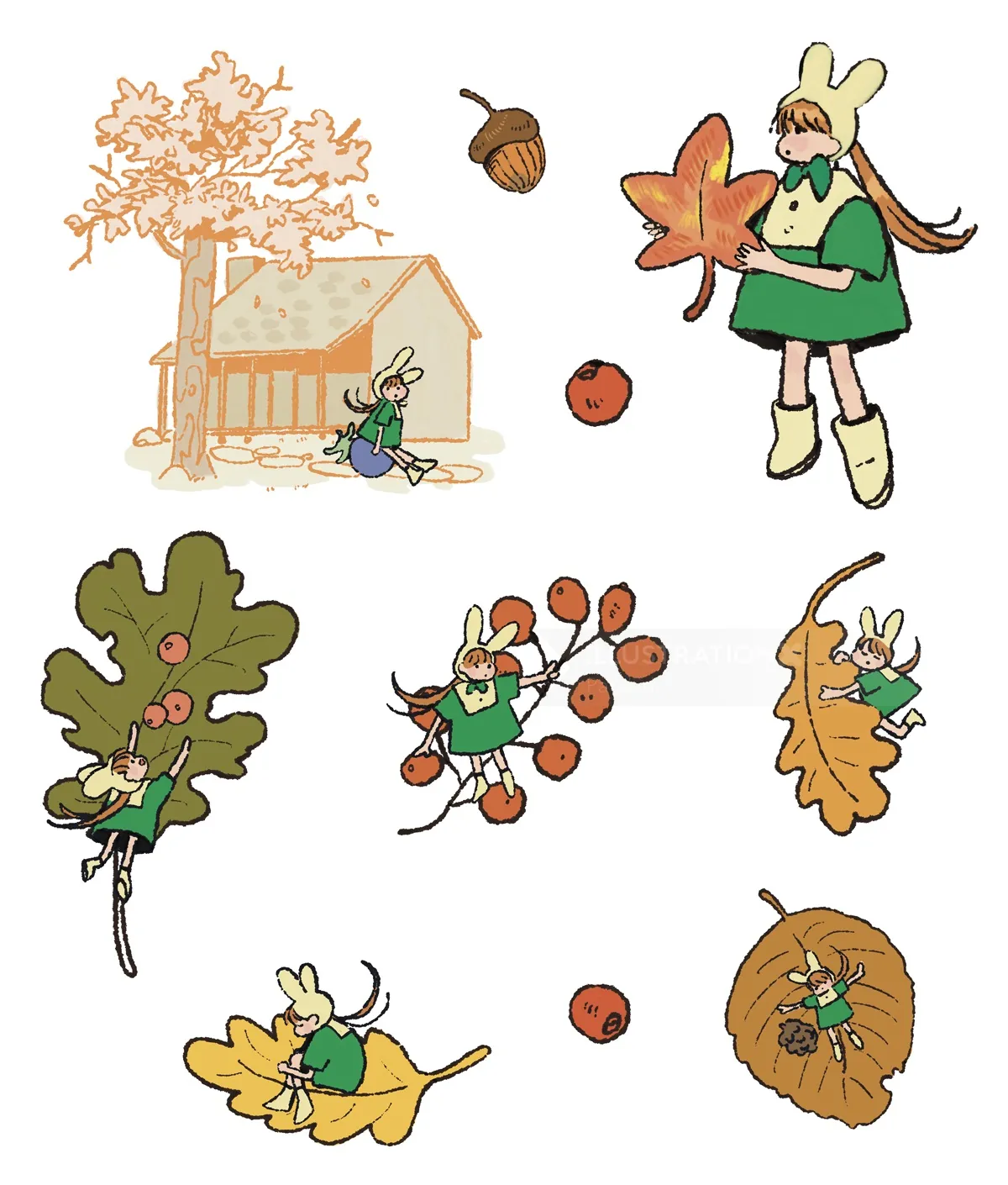 Fadas e folhas da floresta no outono, ilustradas por Parakid.