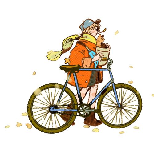 Parakid illustration of a bundled cyclist riding a bicycle with a small dog