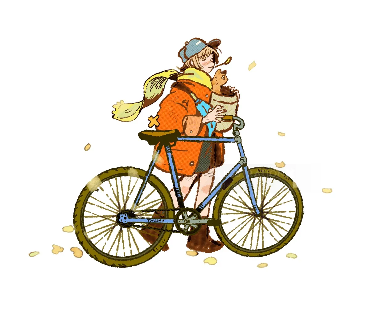 Ilustração da Parakid de um ciclista agasalhado andando de bicicleta com um cachorrinho.