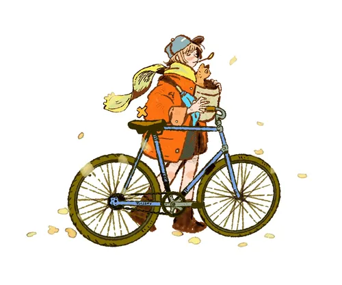Parakid illustration of a bundled cyclist riding a bicycle with a small dog