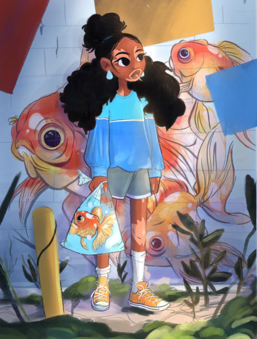 Menina de desenho animado segurando uma bolsa de peixe dourada