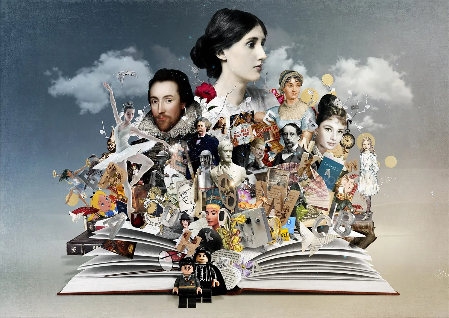 Surreal collage of historical and cultural figures emerging from a book by Patrick Boyer