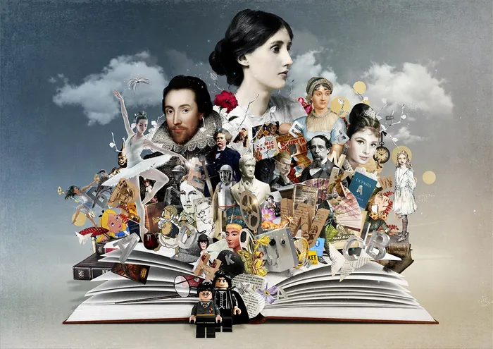 Surreal collage of historical and cultural figures emerging from a book by Patrick Boyer