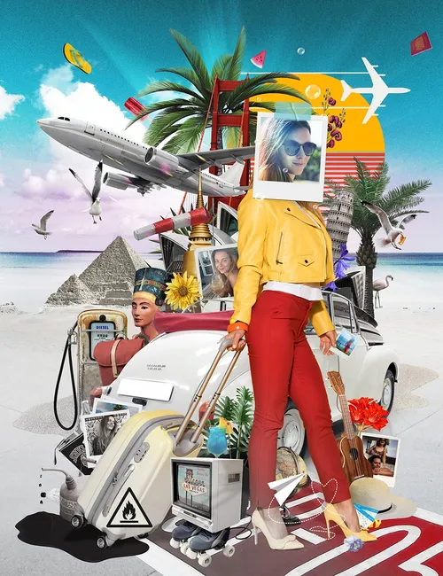 Grafische Collage aus Menschen, Pyramide und Flugzeug