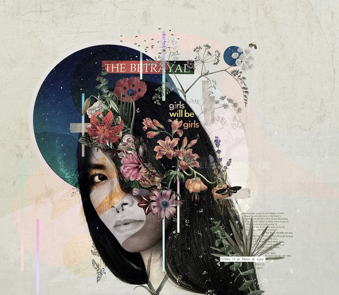 Retrato floral surrealista con el texto 'La traición' de Patrick Boyer