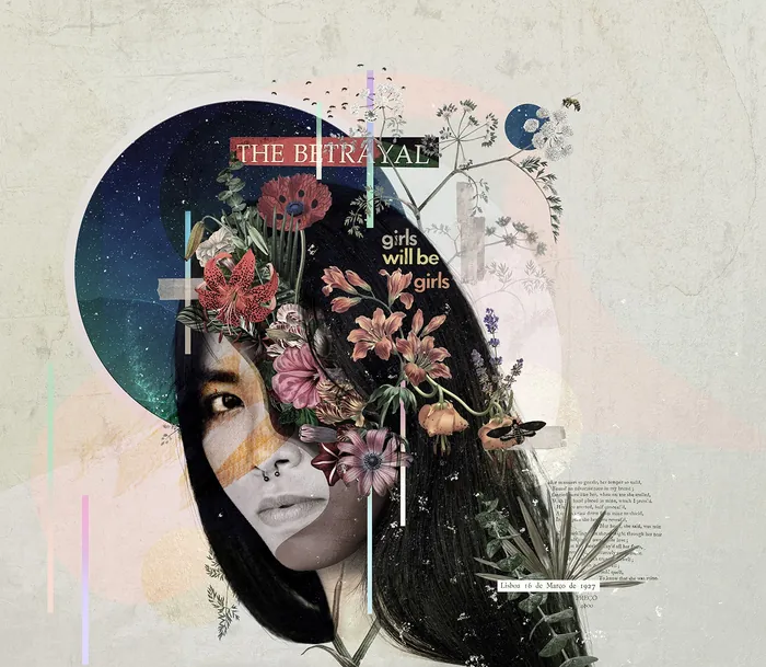 Surreal floral portrait with text 'The Betrayal' by Patrick Boyer