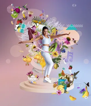 Woman exercising surrounded by colorful objects and plants by Patrick Boyer