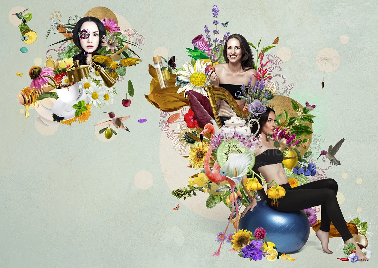 Collage floral surrealista con mujeres y diversos objetos, por Patrick Boyer