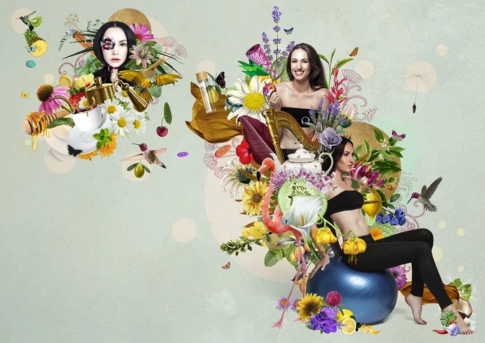 Surreal floral collage featuring women and various objects, by Patrick Boyer