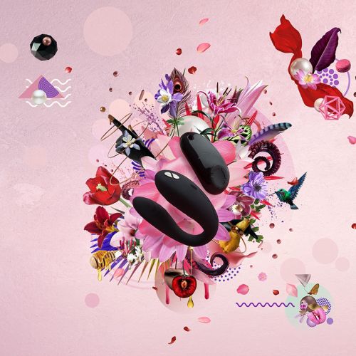 Colorful abstract artwork with flowers and black ribbon by Patrick Boyer