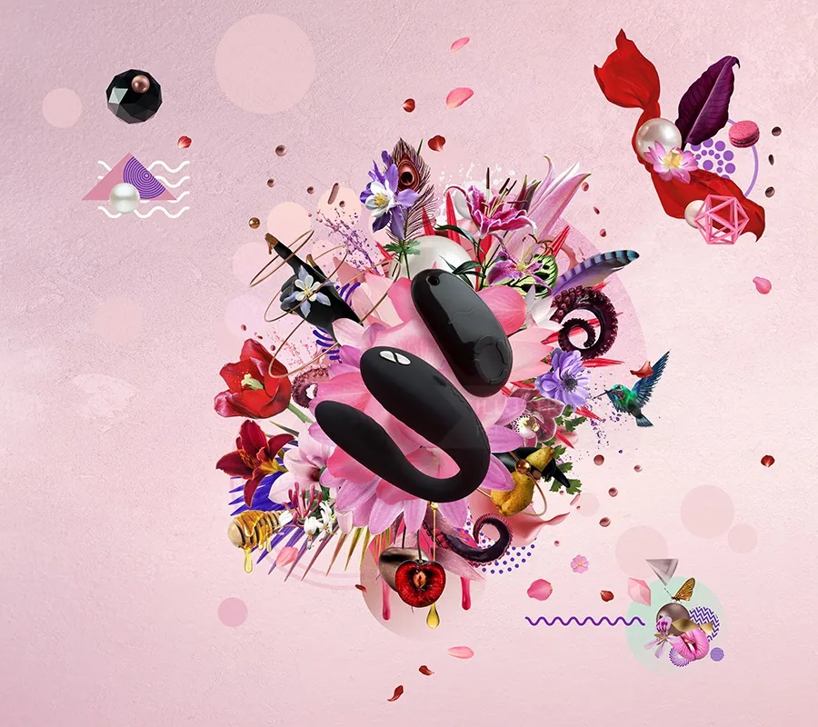 Obra de arte abstracta colorida con flores y cinta negra de Patrick Boyer
