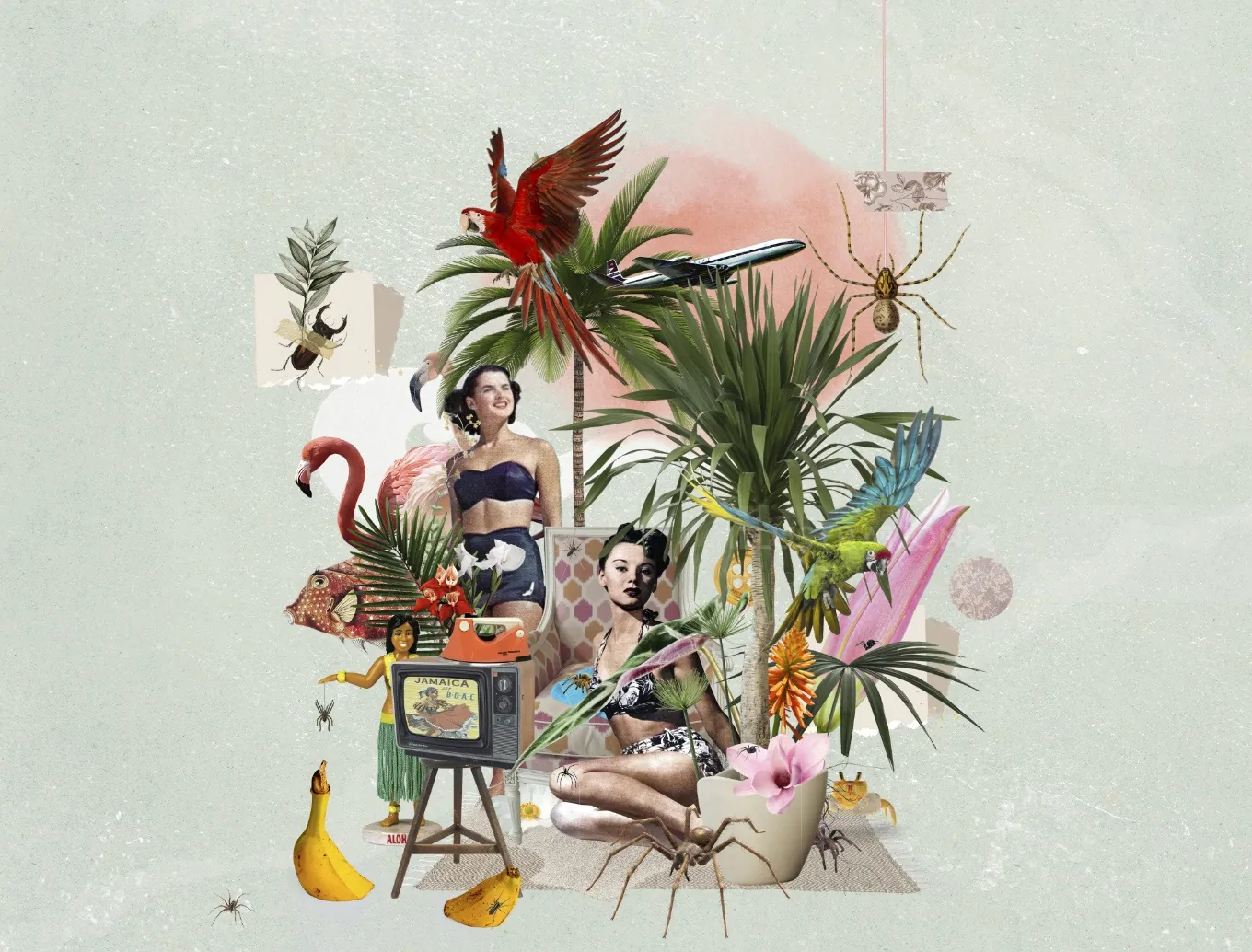 Surreal collage of two women surrounded by tropical plants and animals by Patrick Boyer