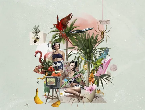 Surreale Collage zweier Frauen, umgeben von tropischen Pflanzen und Tieren, von Patrick Boyer