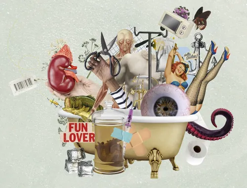 Surreale Collage mit einem großen Auge in einer Badewanne und seltsamen Objekten von Patrick Boyer