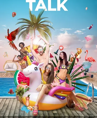 People enjoying a sunny pool party with a large unicorn float and tropical decorations by Patrick Bo