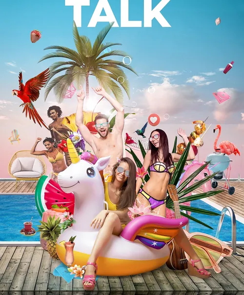 Menschen genießen eine sonnige Poolparty mit einer großen Einhorn-Luftmatratze und tropischer Dekoration von Patrick Bo