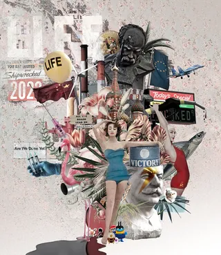 Surreal collage featuring a woman, vintage masks, and objects by Patrick Boyer