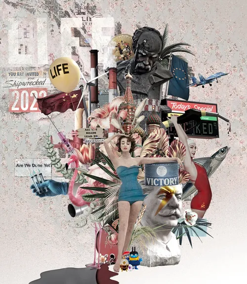 Surreale Collage mit einer Frau, Vintage-Masken und Objekten von Patrick Boyer