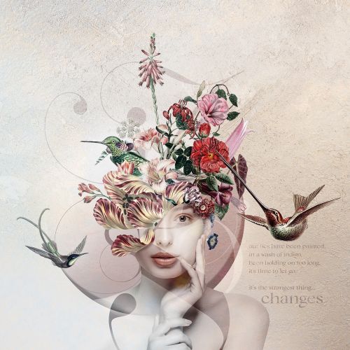 Surreal portrait of a woman with floral and bird elements by Patrick Boyer