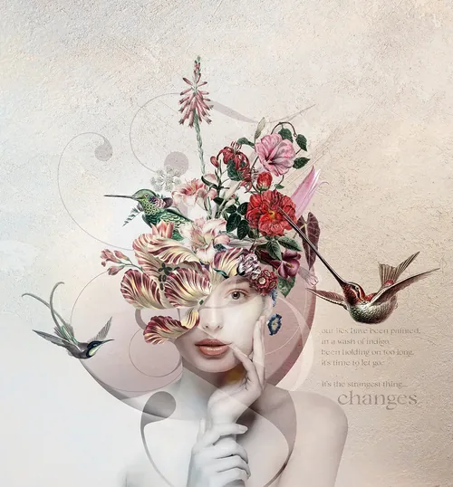 Surreales Porträt einer Frau mit floralen und vogelartigen Elementen von Patrick Boyer