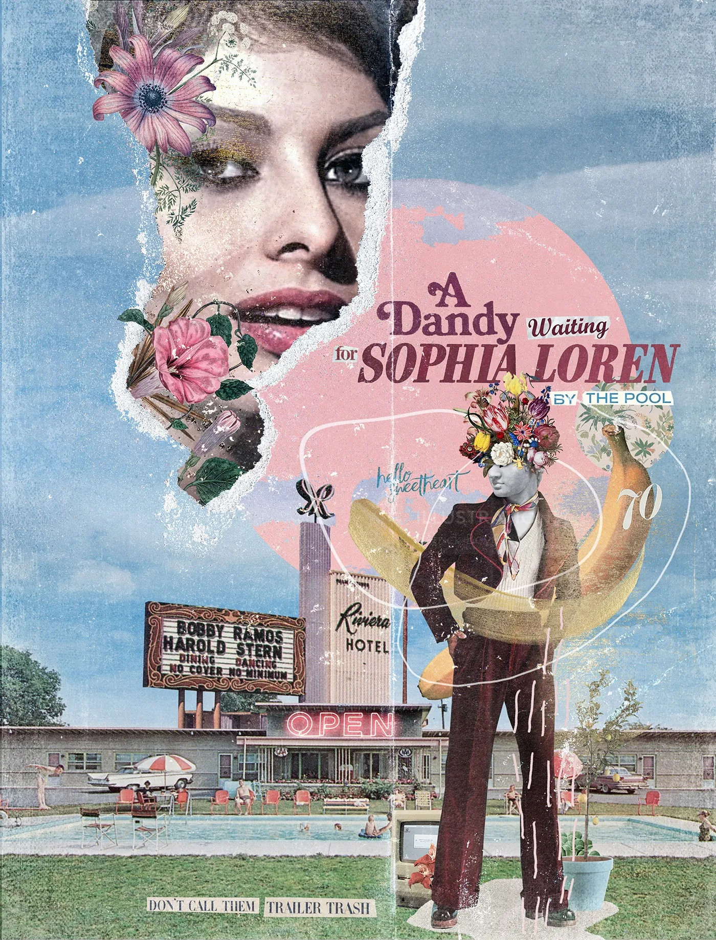 Surreal collage featuring a woman's face with flowers and a man with floral headwear by Patrick Boye