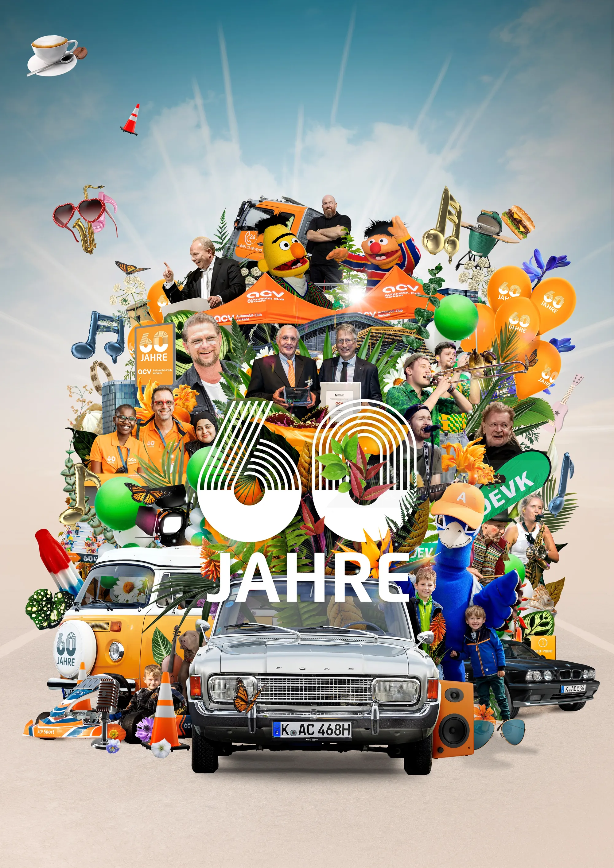 Collage colorido de celebración de 60 años con personas, autos y globos de Patrick Boyer