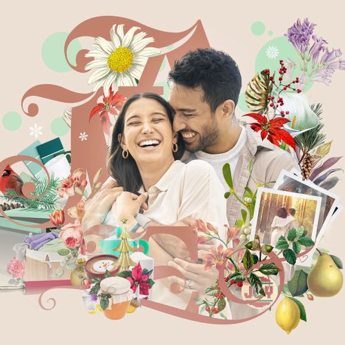 Happy couple embracing surrounded by flowers and vintage items by Patrick Boyer