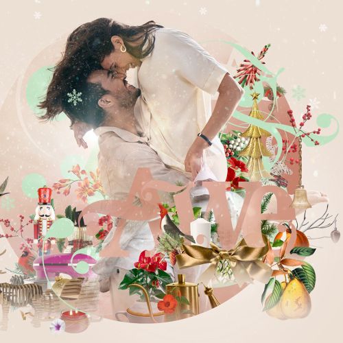 Romantic couple embrace with flowers and decorative elements by Patrick Boyer