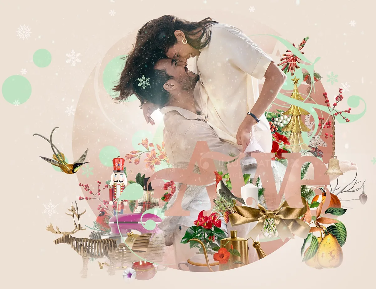 Romantisches Paar umarmt sich mit Blumen und Dekorationselementen von Patrick Boyer